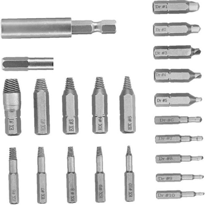 Extracteurs de vis endommagés Ensemble de kit de boulon en acier à grande vitesse Touche en acier 22pcs