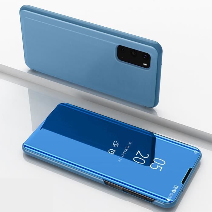 Coque Samsung Galaxy S20,Clear View Étui à Rabat Translucide Standing Support Miroir Antichoc Portable Housse - Bleu