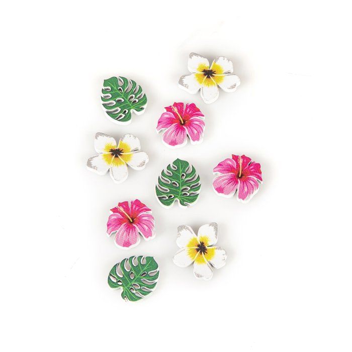 9 CONFETTIS BOIS FLEUR FEUILLE TROPICALE BLANC