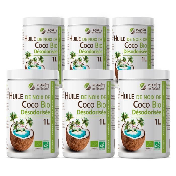 Huile de Noix de Coco Désodorisée Bio - Lot 6 pots x 1L