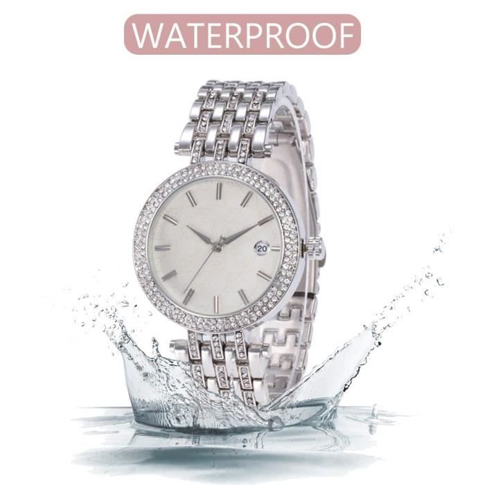 Argent- Montres Femmes Luxe élégant incrusté de Diamants résistant à l'eau Montre-Bracelet