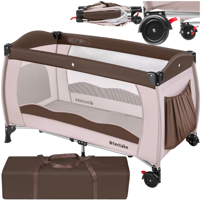 TECTAKE Lit Parapluie avec 2 Roulettes + 1 Sac de Rangement en Polyester 126 cm x 65 cm x 80 cm Marron