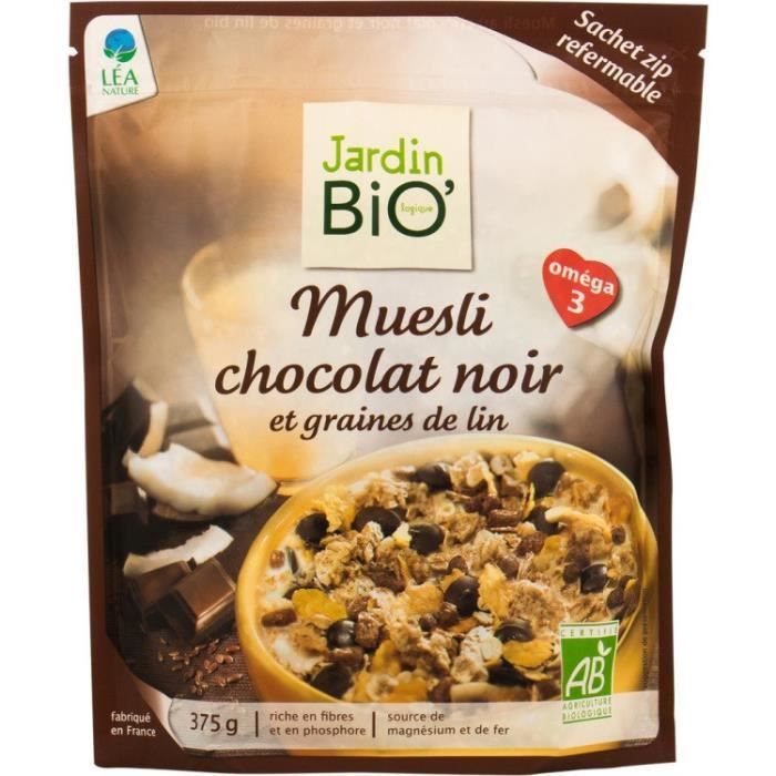 JARDIN BIO Muesli chocolat noir et graines de lin Bio - 375g