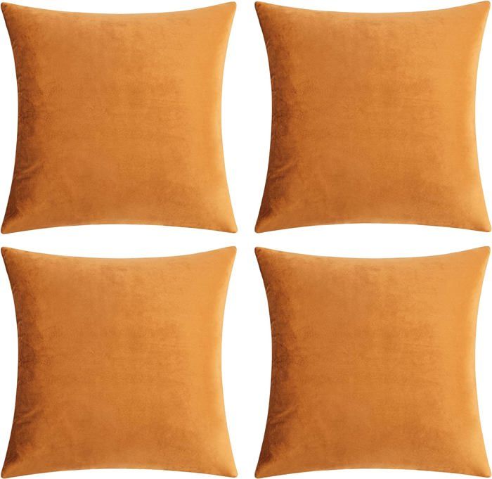 Lot de 4 Housses de Coussins en Velours Décoratif Canapé Taie doreiller Doux Decoration Maison Salon Chambre 45X45CM Orange