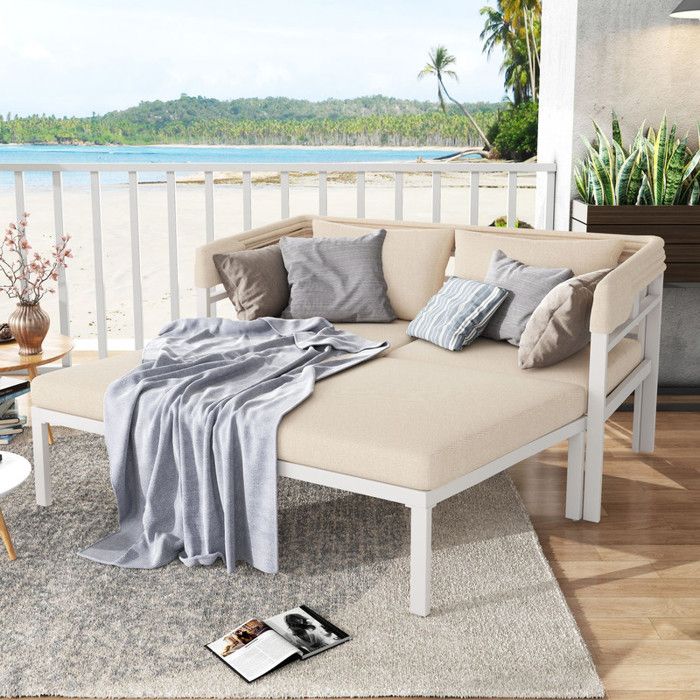 ensemble de salon de jardin 4pls en acier galvanisé - canapé lounge avec auvent réglable - coussins amovibles et lavables - beige