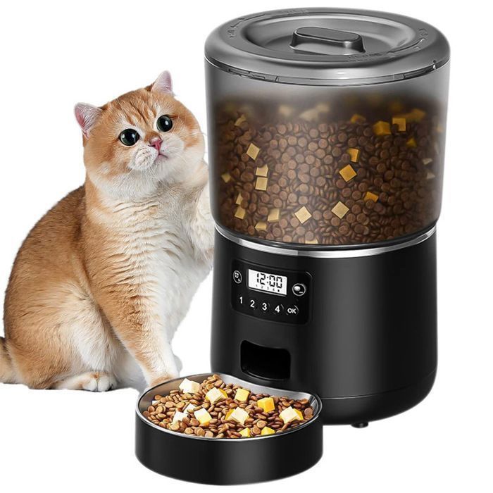 Comparer les prix de Distributeur Croquettes Chat Automatique - Distributeur Croquettes Chat avec Minuterie Programmable - Grande capacité 4L-Noir