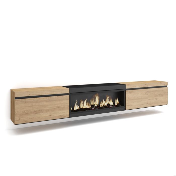 Meuble TV Banc Télé 288x35x45 cm TV grand format Cheminée électrique XXL Suspendu Mural Chêne et noir RF3613