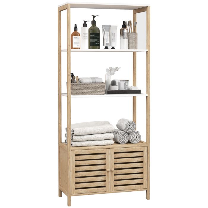 Colonne de salle de bain - HOMCOM - 3 étagères ouvertes - 1 placard avec portes à lattes - 63 x 30 x 138 cm - bois naturel et blanc