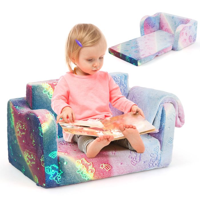 COSTWAY Canapé 2 en 1 pour Enfants avec Couverture - Licorne Arc-En-Ciel - Fermeture Éclair Cachée - Lavable en Machine