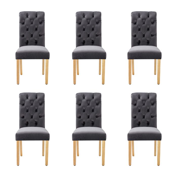 Lot 6 chaises velours gris chêne bouton chromé - Salon cuisine salle à manger - Design confortable et élégant Lot 6 chaises velours gris chêne bouton chromé - Salon cuisine salle à manger - Design confortable et élégant
