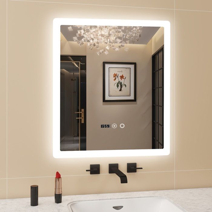 Miroir de Salle de Bain LED Anti-Buée Éclairage Réglable 3 Couleurs Touche Tactile Miroir Lumineux 50x60cm