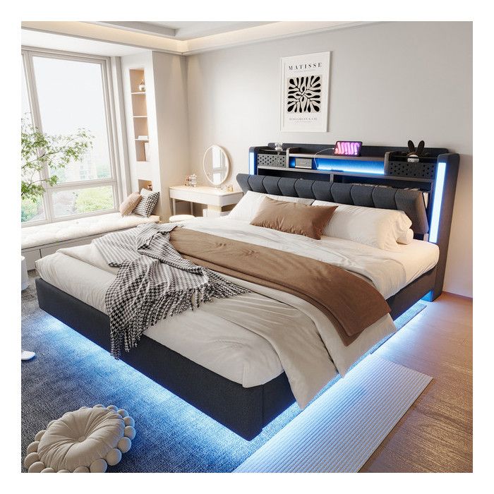 Lit double 160 x 200 cm avec prise USB et éclairage LED Lit adulte Lit rembourré Tête de lit avec espace de rangement Lin Gris