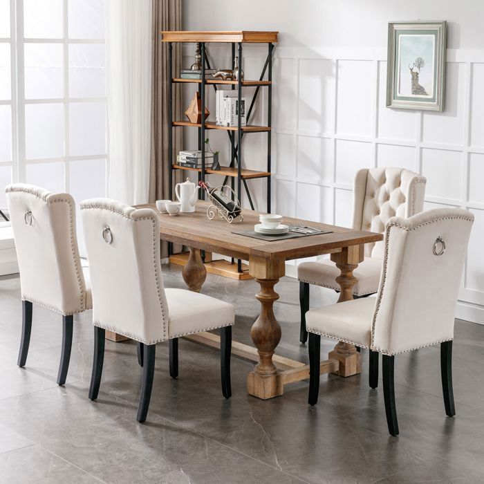 Chaises de Salle à Manger - Lot de 4 - Fauteuil en Velours Beige - Pieds en Chêne - Détails Chromés