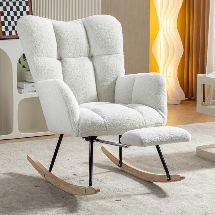 Fauteuil à bascule relax de salonchaise berçante rembourrée en tissu Teddy tissée avec repère - pieds escamotables blanc