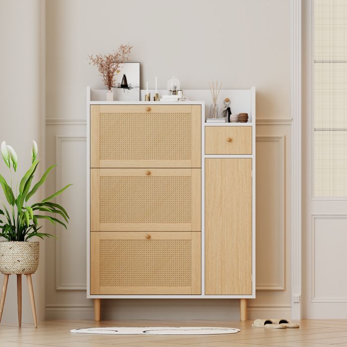 Armoire à chaussures en rotin 90x17x125 cm avec 1 tiroir et 3 portes battantes Meuble a chaussures avec pieds en bois massif