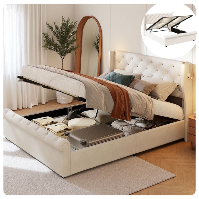Lit double - 160x200 avec rangement hydraulique - Velours beige - Sommier inclus - 2 lampes de chevet