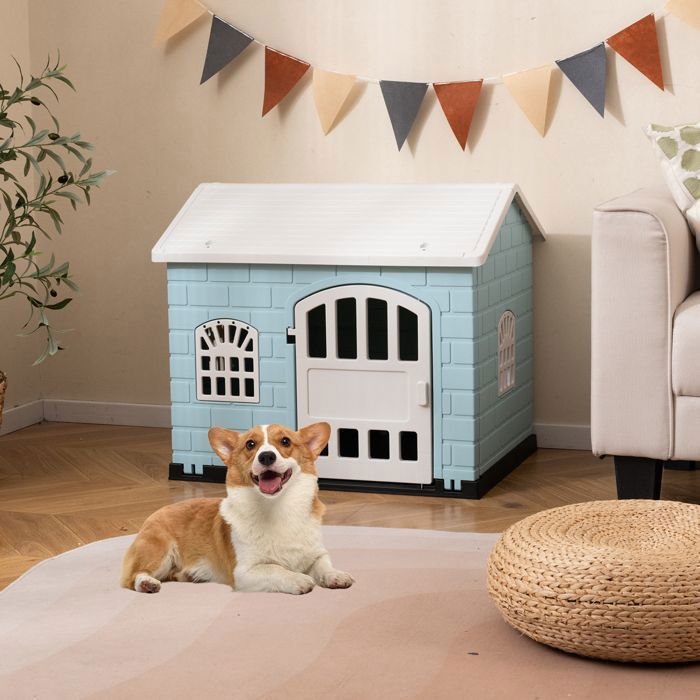 Meilleurs prix pour Maison pour Animaux en PP COSTWAY Porte Verrouillable 3 Fenêtres Toit Incliné Abri pour Chien pour Intérieur Extérieur Bleu