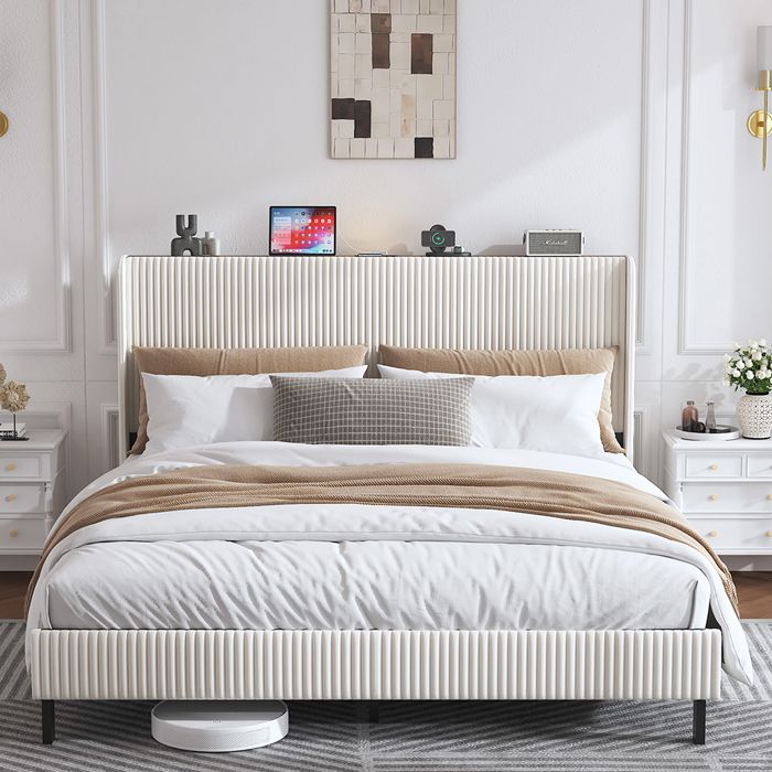 Lit - Lit capitonné article combiné - 180 x 200 cm - Velours côtelé beige - Sommier métallique à lattes