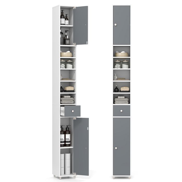 GIANTEX Colonne de Salle de Bain Étroit- Étagères Réglables- 5 Compartiments Ouvertes- 2 Armoires à Portes- 20x20x180cm- Gris+Blanc