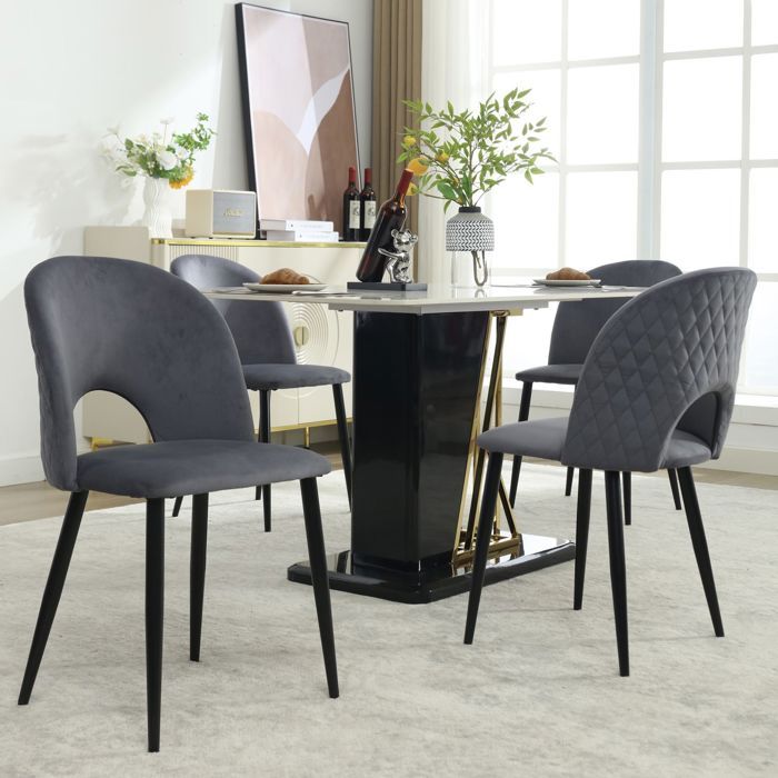 Chaise de Salle à Manger revêtement en velours piétement métal pieds réglables motif losange au dos