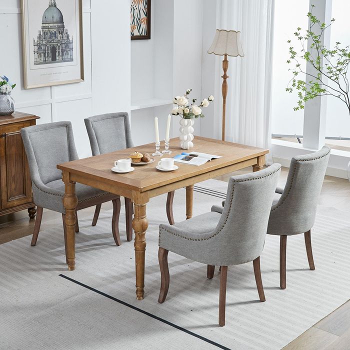 Lot de 2 Chaise de salle à manger tissu épais pieds en bois clous bronze gris
