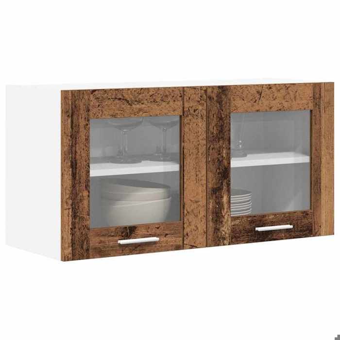 Black Week Armoire rangement - CLARENCE - Vitrine suspendue - Riga Bois ancien et Blanc 80x31x40 cm AA931