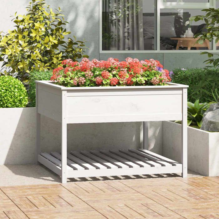 Jardinière avec étagère - vidaXL - 1115x1115x81 cm - Bois massif de pin - Blanc - Hauteur ergonomique