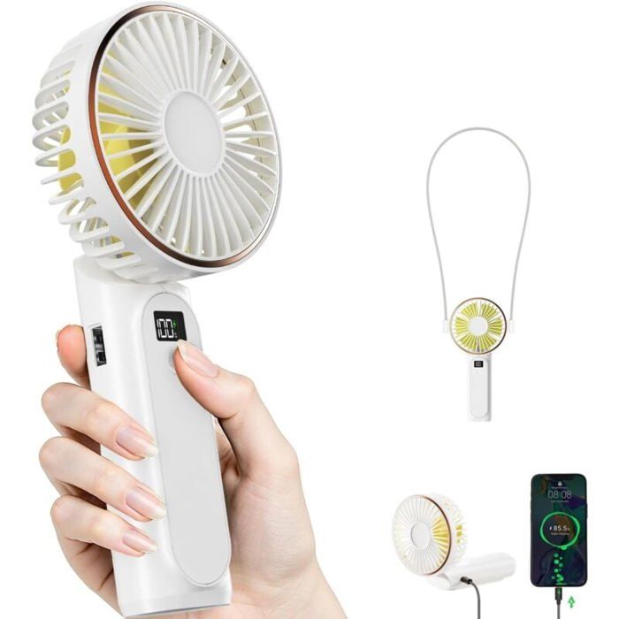 Ventilateur Portable à Main Mini Ventilateur Pliable 180° Affichage LCD Ultra Silencieux 4000mAh Avec Lanière-Blanc - Zhandd