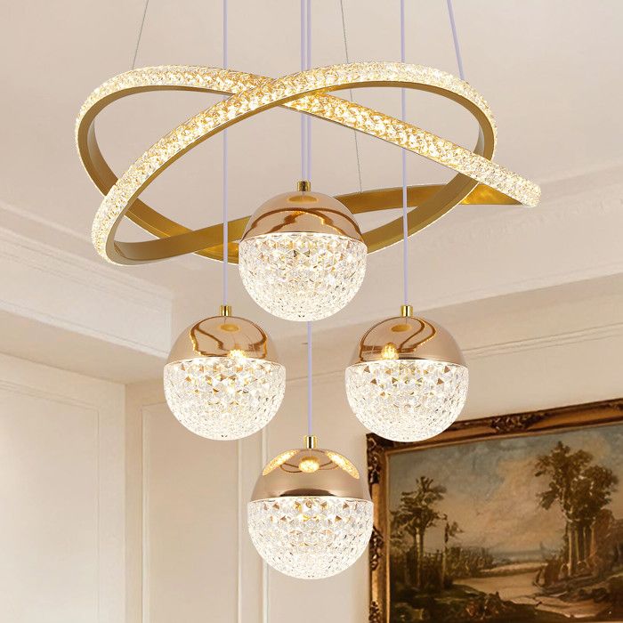 Lustre suspendu LED 48W 3 couleurs - Luminaire moderne dore pour salon salle a manger chambre - Design contemporain