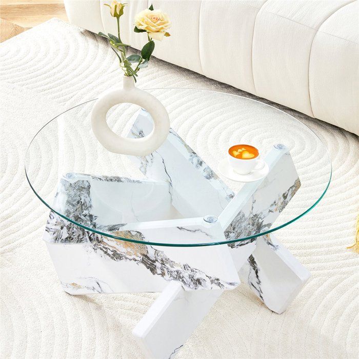 Table Basse Ronde Moderne en Verre Trempé Table Basse Salon Transparente avec Pieds en Blanc Effet Marbre Cadre Croisé 79x45 cm