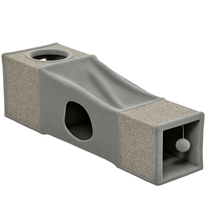 Meilleurs prix pour Tunnel pour chat intérieur - PawHut - avec balle suspendue 2 niches entrées multiples - en sisal - gris