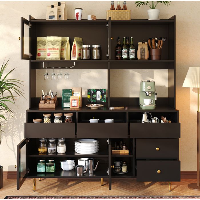 Buffet de cuisine 4 portes et 5 tiroirs avec rangement ouvert meuble haut de salon 145x39x171 cm MDF noir