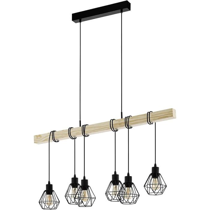 Lustre suspension vintage à 6 lumières de style industriel abat-jours vintage en acier noir et bois certifié FSC douille LUSTRE