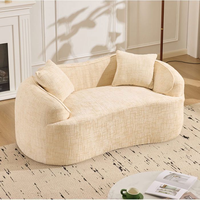 Canapé Incurvé 2 Places - Modenuit - 170×91×70 cm - Accoudoirs et 2 Coussins - Chenille Beige - Pour Petits Espaces