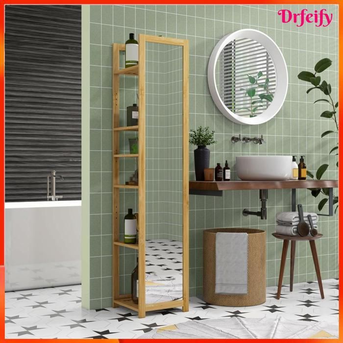 Meuble colonne de salle de bain - AKOZON - 9754 - Bambou - 6 étagères - Miroir complet