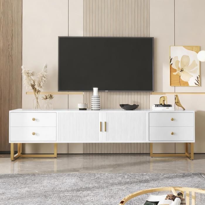 Meuble TV - 175 cm - Blanc MDF - 4 tiroirs & 2 portes - Pieds dorés