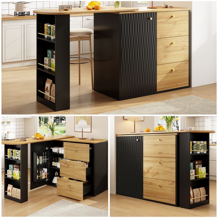 Table bar extensible 138 cm avec rangement et plateau tournant 360° - Îlot de cuisine table haute mobile finition bois Table bar extensible 138 cm avec rangement et plateau tournant 360° - Îlot de cuisine table haute mobile finition bois
