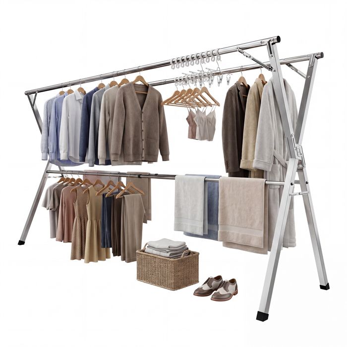Fil à Linge Extensible 143-238 cm en Acier Inoxydable Pliable pour Intérieur et Extérieur Gris
