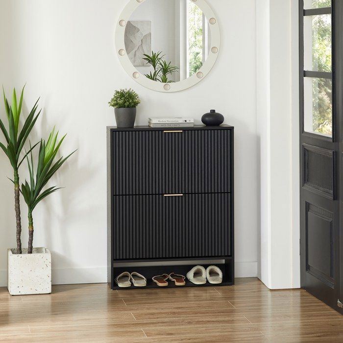 Meuble à chaussures 80x24x102 cm avec façade rainurée 2 portes étagères réglables anti-basculement plateau pour entrée noir