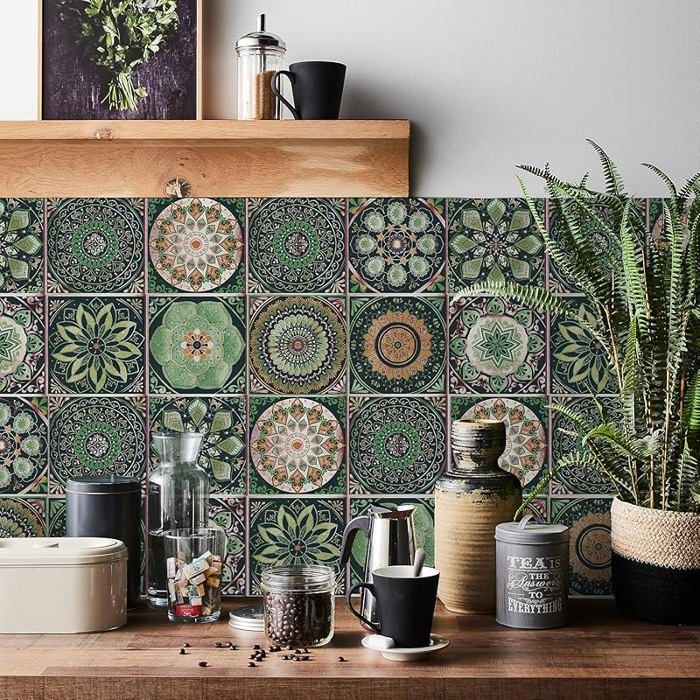 Lot de 24 autocollants de carrelage en mosaïque en PVC autocollants imperméables pour cuisine armoire 20x20cm(8x8) PAPIER PEINT