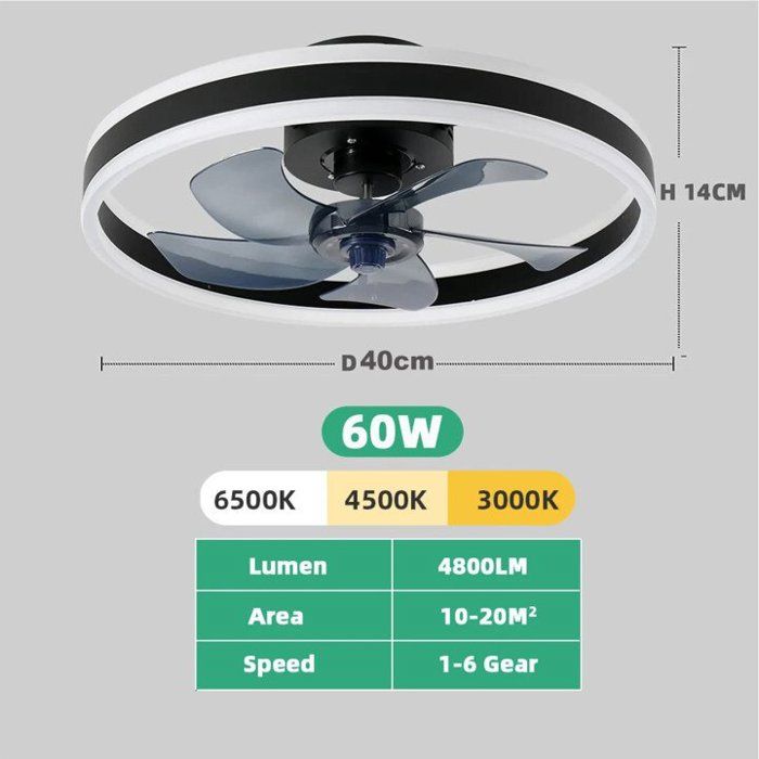 Ventilateur Plafonnier LED 40cm Noir APP Intelligent 6 Vitesses 3 Couleurs Lumière Minuterie Pour 10-20㎡ Salon Chambre