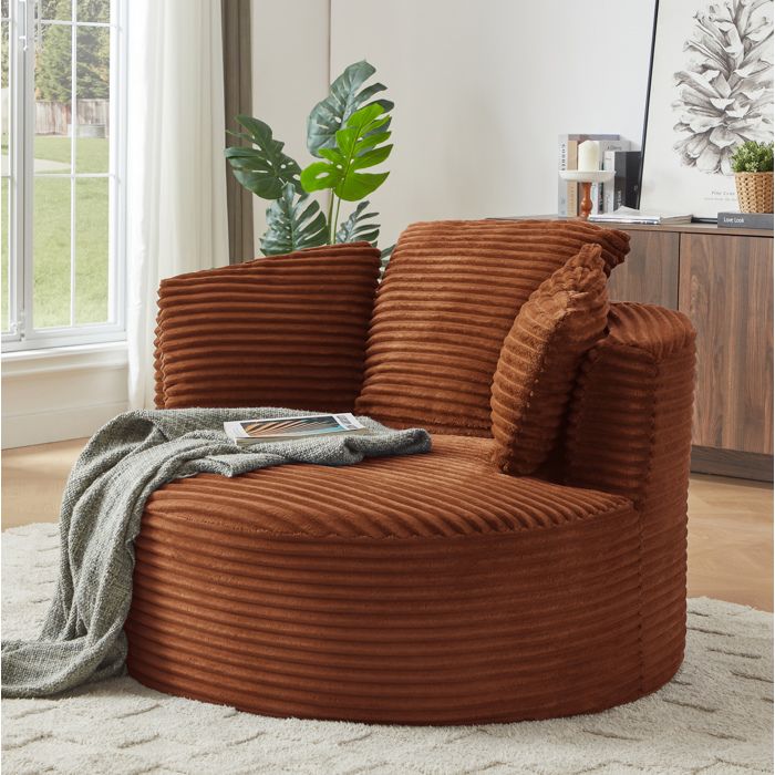Fauteuil rond surdimensionné EVRYAE 124 x 113 x 86 cm assise profonde velours côtelé orange salon chambre