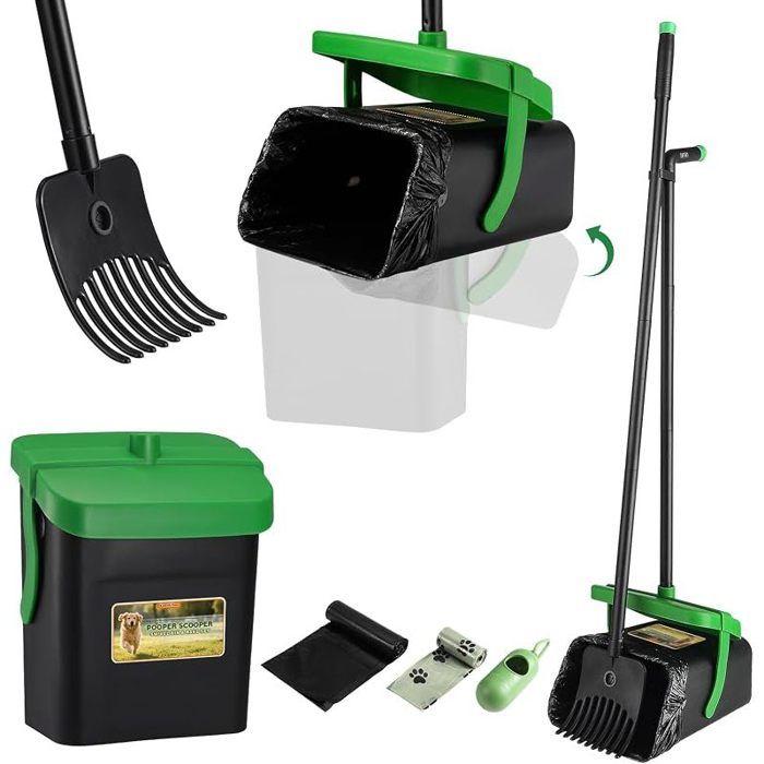 Pelle Ramasse Crottes pour Chiens Pelle à Déjections Canines et Râteau Pelle a Crotte Portable Kit de 35Sacs117cm Longue (Vert)