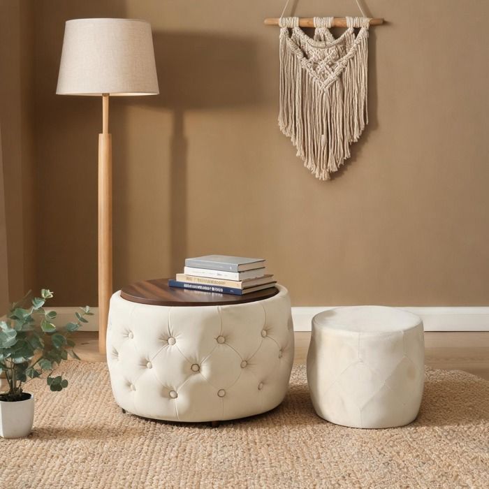 Lot de 2 poufs gigognes ronds en velours beige lin avec plateau bois amovible et rangement intégré 58 x 58 x 38 cm