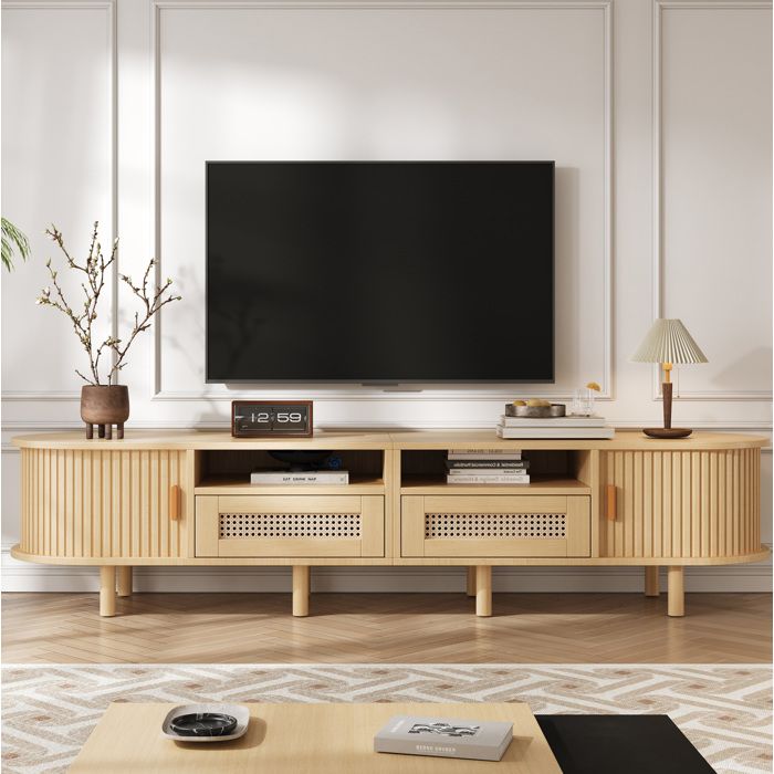 Meuble TV ovale 170 cm TV bas en MDF couleur chêne clair 2 tiroirs et 2 portes coulissantes