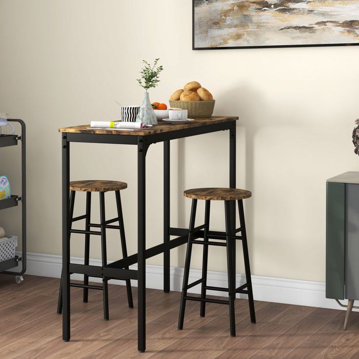 Ensemble table et tabourets de bar - PAGE LIVING - Modèle standard - Structure acier - Plateau effet bois acajou - 2 places