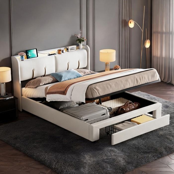 Lit double 140x200 cm en velours beige clean white avec rangement coffre bandeau LED et port USB intégré