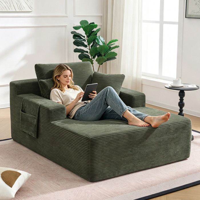 WOVREO Canapé fixe 1 place chaise longue en velours côtelé vert avec poches latérales et coussins inclus