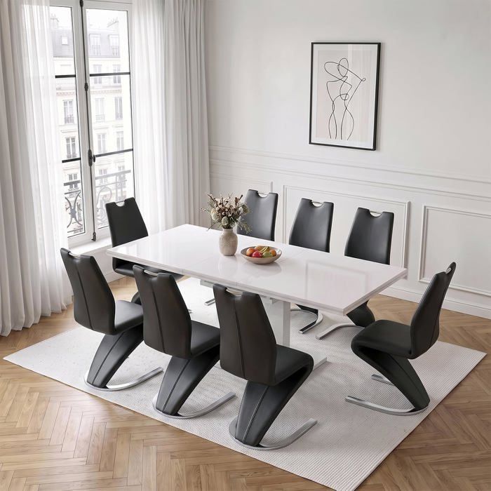 JIEXI Ensemble de table à manger extensible table de cuisine blanche avec 8 chaises noir PU à pied en Z (140-180 cm)