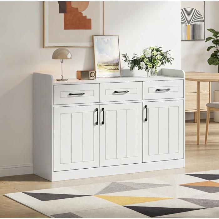 Buffet Blanc 3 Portes 3 Tiroirs Bahut De Rangement FloraGrace Pour Salon Entree Ou Salle A Manger Etageres Reglables 120x35x80cm